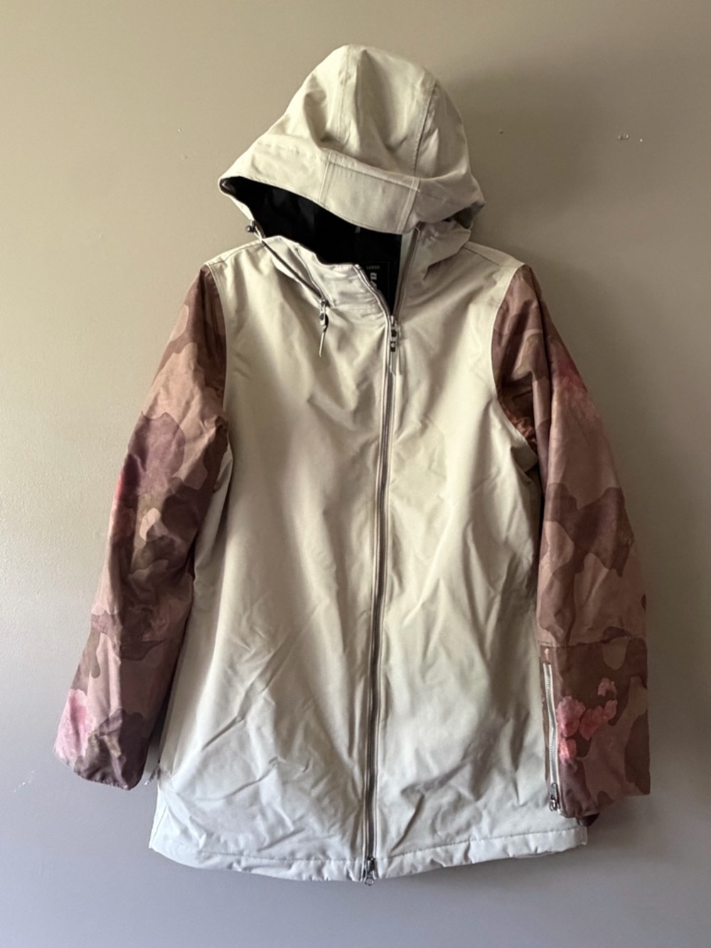 Women's Beige Snow Jacket with Rose Camo Sleeves